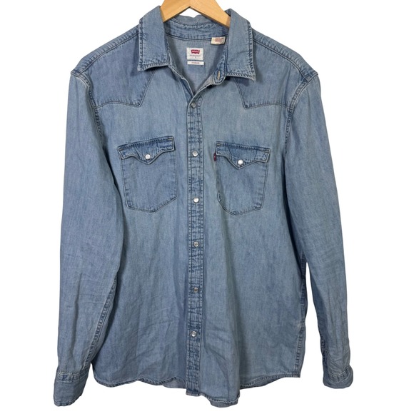 Levi's Mens Large Long Sleeve Denim Western Shirt Light Wash Pearl Snap Buttons - Picture 2 of 9